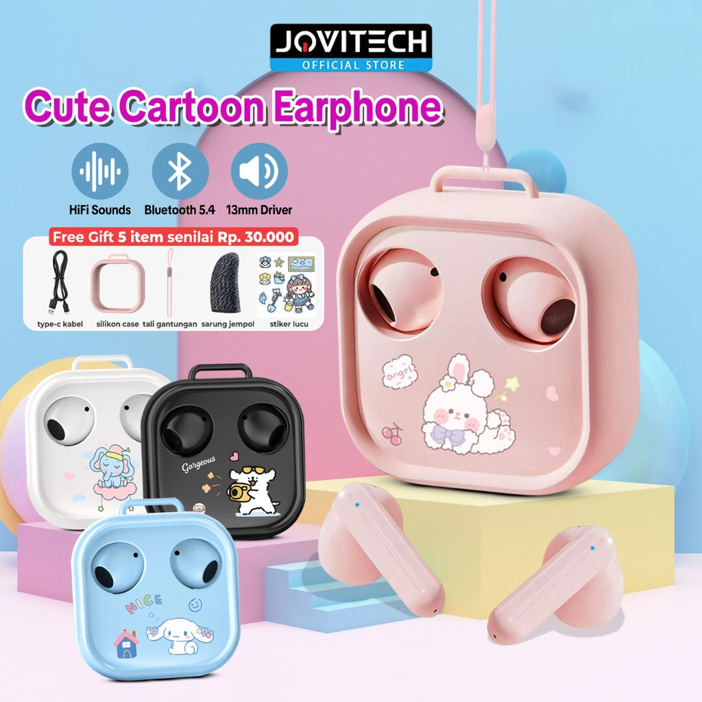 Jovitech TWS 2025 EP19C Headset Karakter Lucu Bluetooth Inpods Versi 5.4 Suara Hifi Kualitas HD dengan Casing Silikon Case Lanyard
