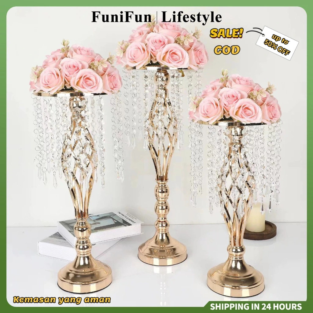 Vas bunga hiasan Vas Bunga Aesthetic dengan tetesan kristal Vas Pernikahan dekorasi ruang tamu mewah pajangan lemari kaca luxurious wedding vase decoration
