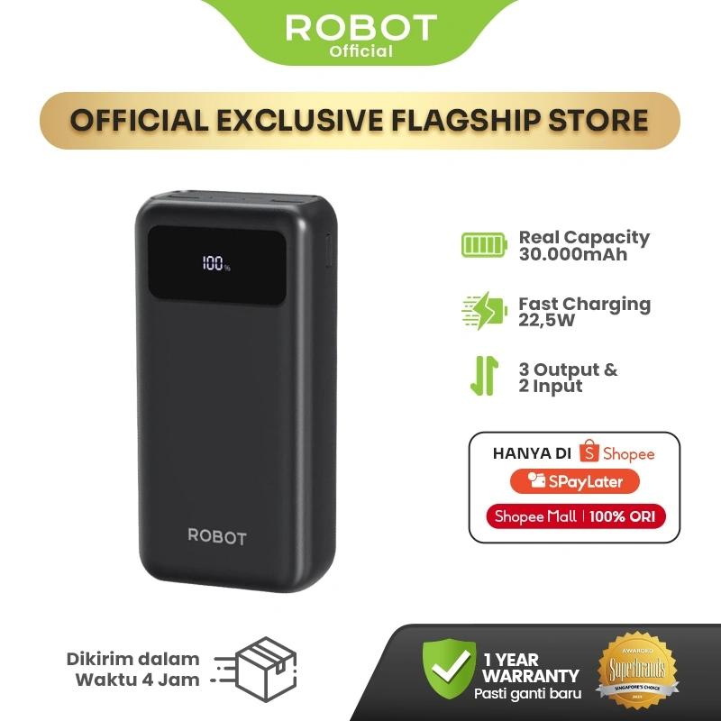 ROBOT Powerbank 30000 mAh Fast Charging 22.5W 3 Port USB Type C LED RT32 Original - Garansi 1 Tahun