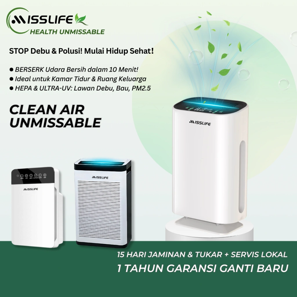 Miss Life Air Purifier HEPA Filter Penyaring Udara Ruangan CADR Tinggi UV Anion Pembersih Udara Aman Bayi Pet Anti Debu Asap Bau Filter Udara Penjernih Udara Ruangan Kamar Tidur Office Rumah Jangkauan Luas Jakarta Surabaya Bandung ONE HOME Air Purifier