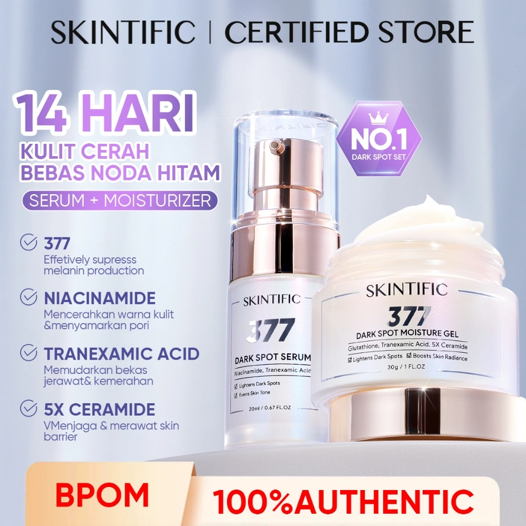[SKINTIFIC CERTIFIED] - 2PCS 377 Dark Spot Set | Menyamarkan Noda Hitam Brightening Skincare Paket Moisturizer Serum Moisture Gel Moist Meratakan Warna Kulit Cream Pemutih Wajah Calming  Bundle