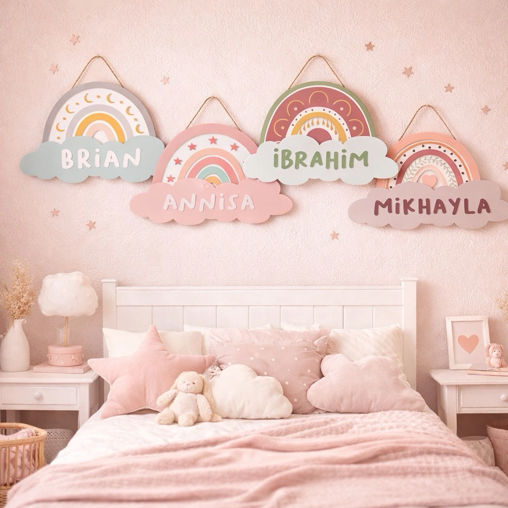 Prima Shabby Custom Nama Anak Walldecor Boho Rainbow Pelangi Bohemian Lucu 15x20cm Hiasan Kamar