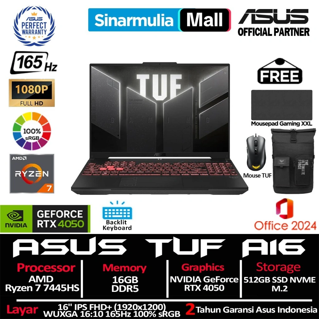 ASUS TUF Gaming A16 FA607NUG Ryzen 7 7445HS RTX4050 512GB SSD 16GB IPS 165Hz 100%sRGB Win11+OHS