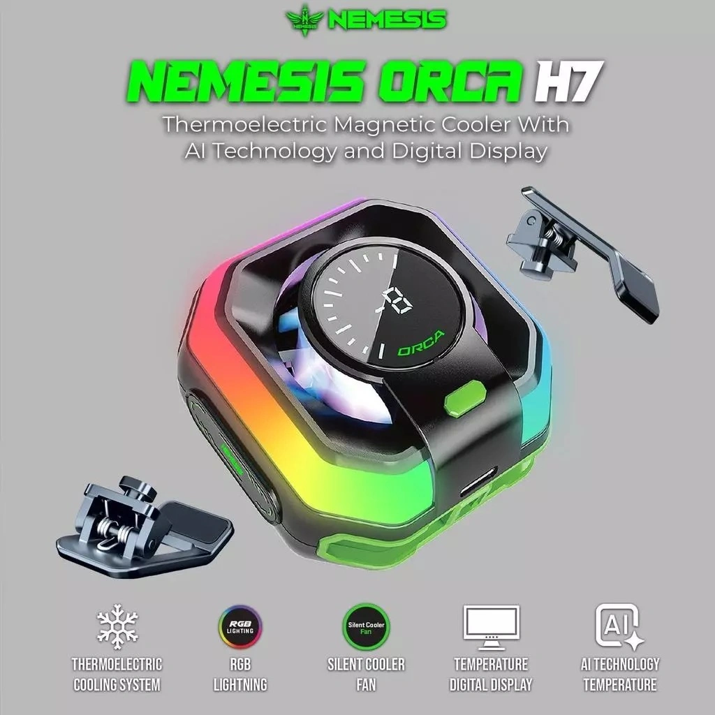 NYK Nemesis Magnetic AI Phone Cooler Fan with Bracket ORCA H7 | HAZE H2 - Pendingin Handphone Smartphone