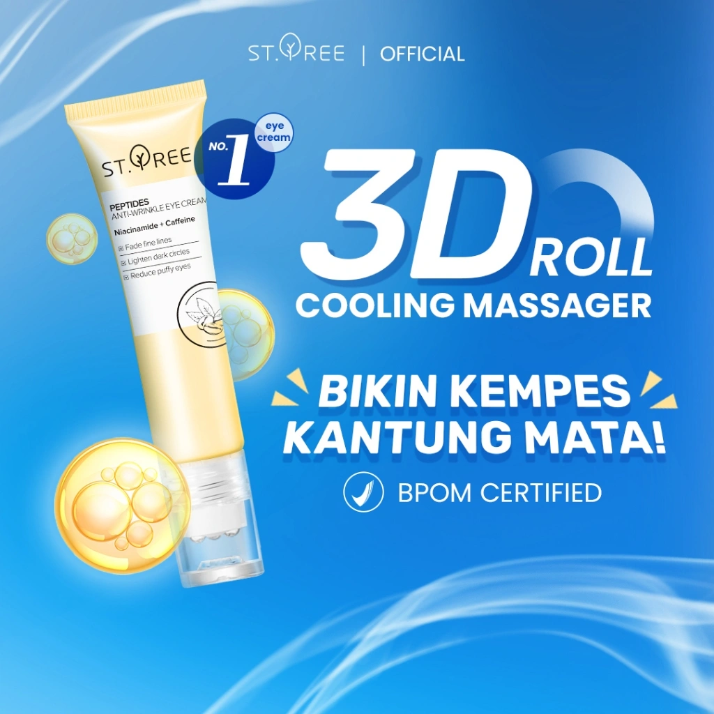 ST.TREE Multi Peptides Anti-Wrinkle Eye Cream 15 gr | Serum Perawatan Mata dengan 3D Roller Massager - Krim Mata dengan Niacinamide dan Caffeine untuk Mencerahkan dan Mengurangi Kantung Mata Panda, Menyamarkan Kerutan, Garis Halus dan Mengencangkan