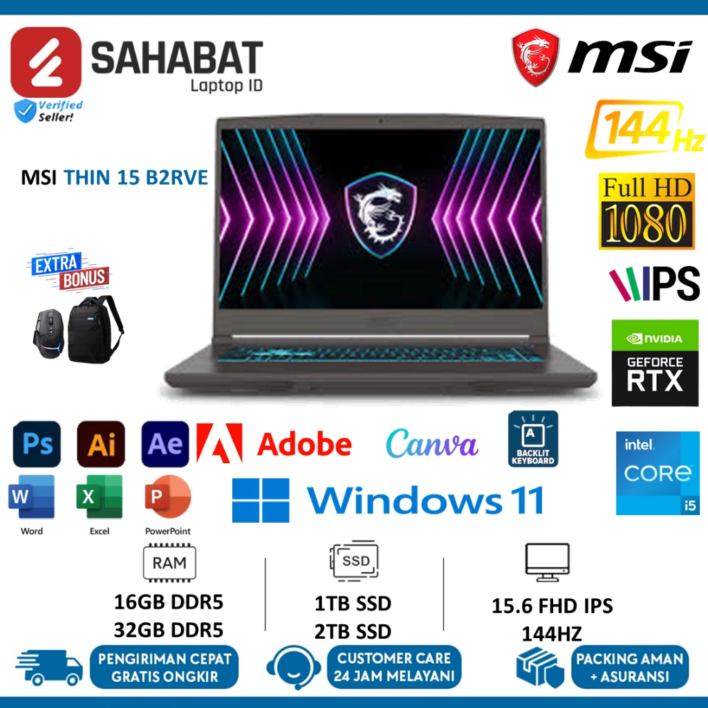 Laptop Gaming MSI THIN 15 B2RVE Intel Core 5 210H RTX4050-6GB Ram 32GB 2TB SSD RGB 144Hz W11