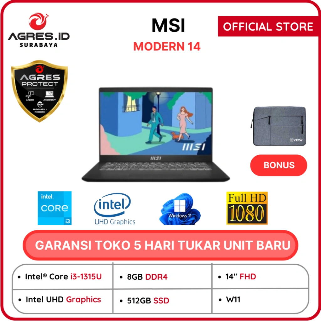 MSI MODERN 14 I3 1315 8GB 512GB Windows11 14.0FHD BLIT IPS 2Y BLK -C13M.1468