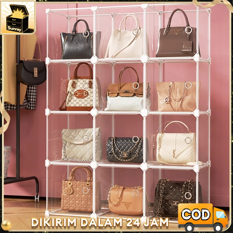 Lemari Penyimpanan Transparan Anti Debu Multifungsi/Ideal untuk Penyimpanan Tas, Helm, Buku & Mainan