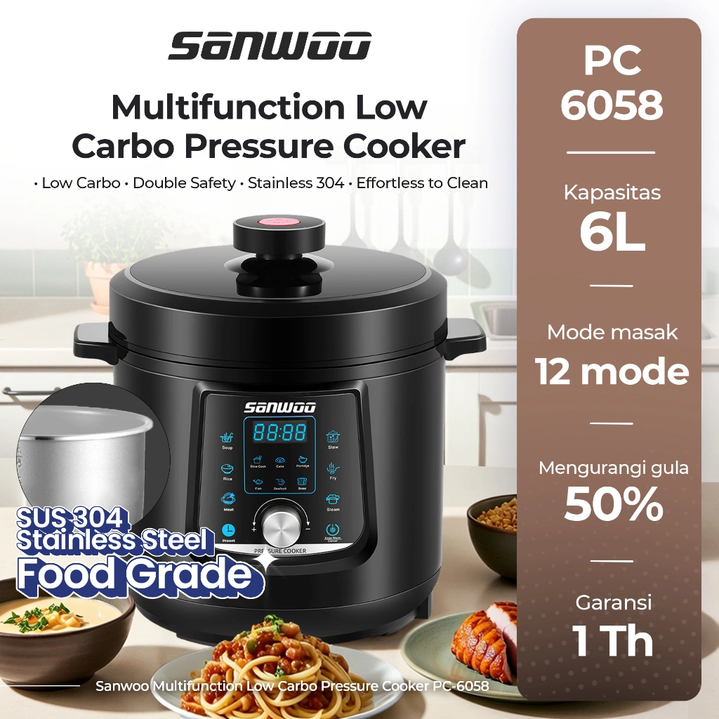 Sanwoo Multifunction Low Carbo Pressure Cooker 6L with SUS304 Main Bowl PC-6058 / Panci Presto Low Watt 900W dengan stainless steel pot SUS304 dan Rice cooker Rendah Gula