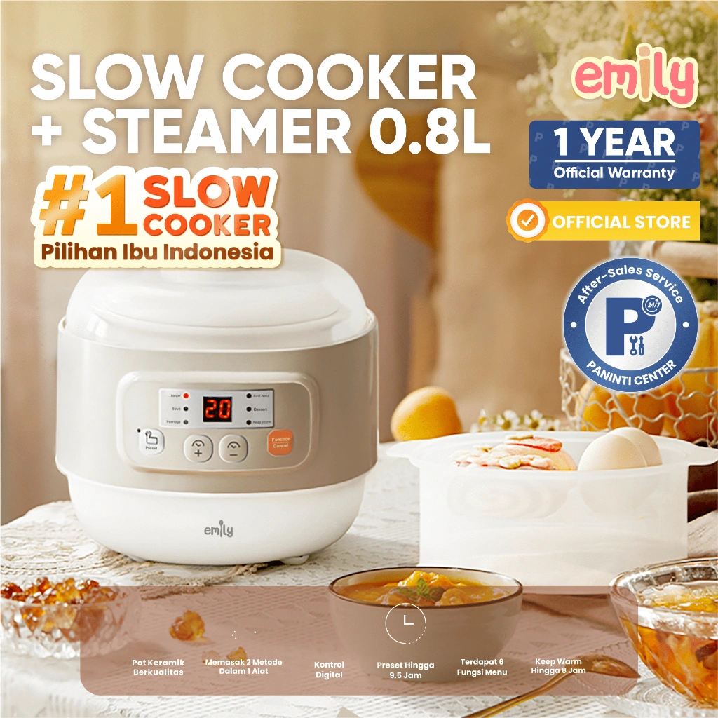 EMILY Slow Cooker + Steamer 0.8L Ceramic | Panci Keramik | Baby & Family Food Maker | MPASI Cooker