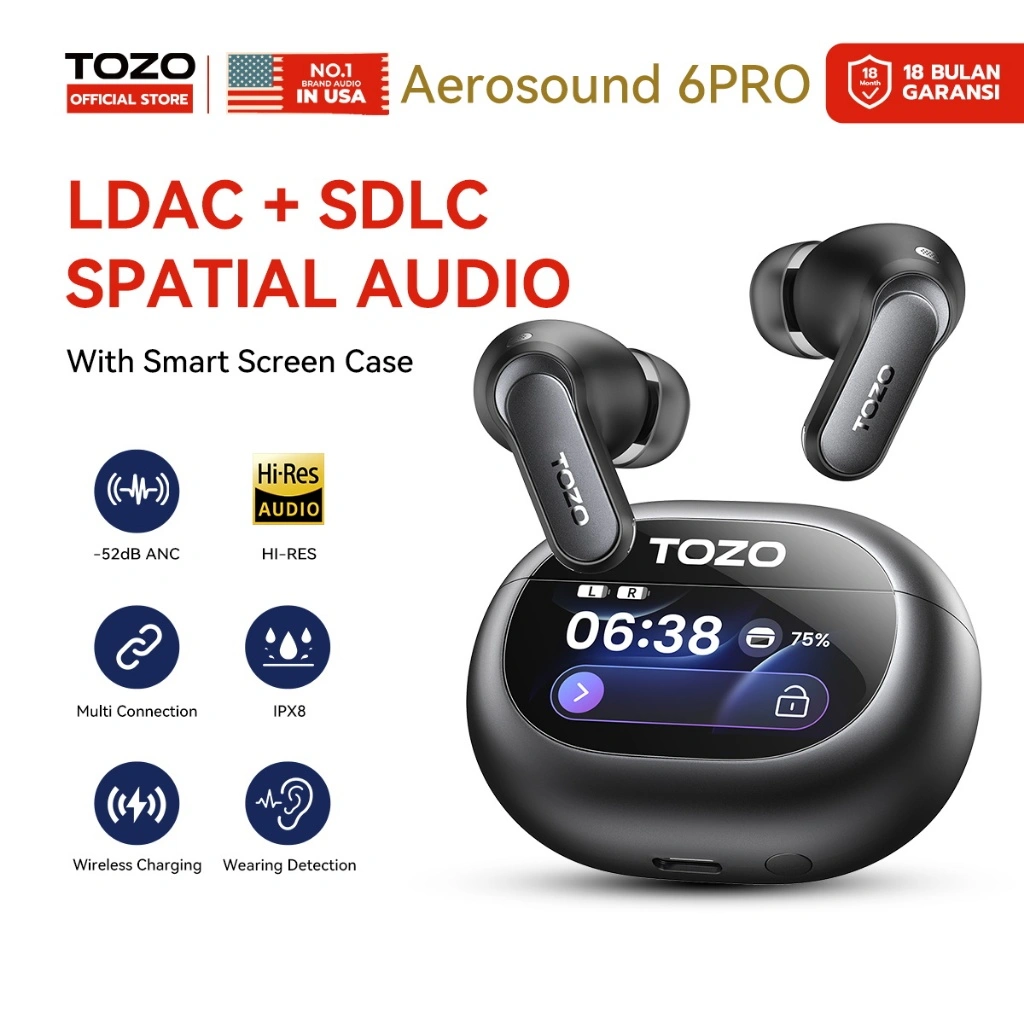 (New Arrival 2026)TOZO Aerosound6 Pro(NC20 Pro) LDAC Hi-Res Audio TWS Earbuds Bluetooth Wireless Earphone ANC Hybrid Noise Cancelling Spatial Audio 3D 6-Mic ENC Clear Call Low Latency Gaming Mode IPX8 Waterproof Smart Screen Case Wireless Charging