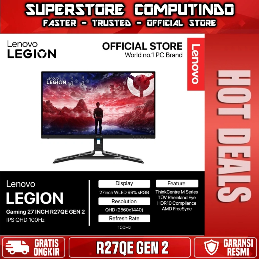 Monitor LED Lenovo R27QE | R27QE GEN2 27" IPS 1440p 2K QHD 200Hz 0.5ms HDMI 2.1x2 DP 1.4x1 HDR FreeSync Vesa Adaptive Sync dan Stand Ergonomic