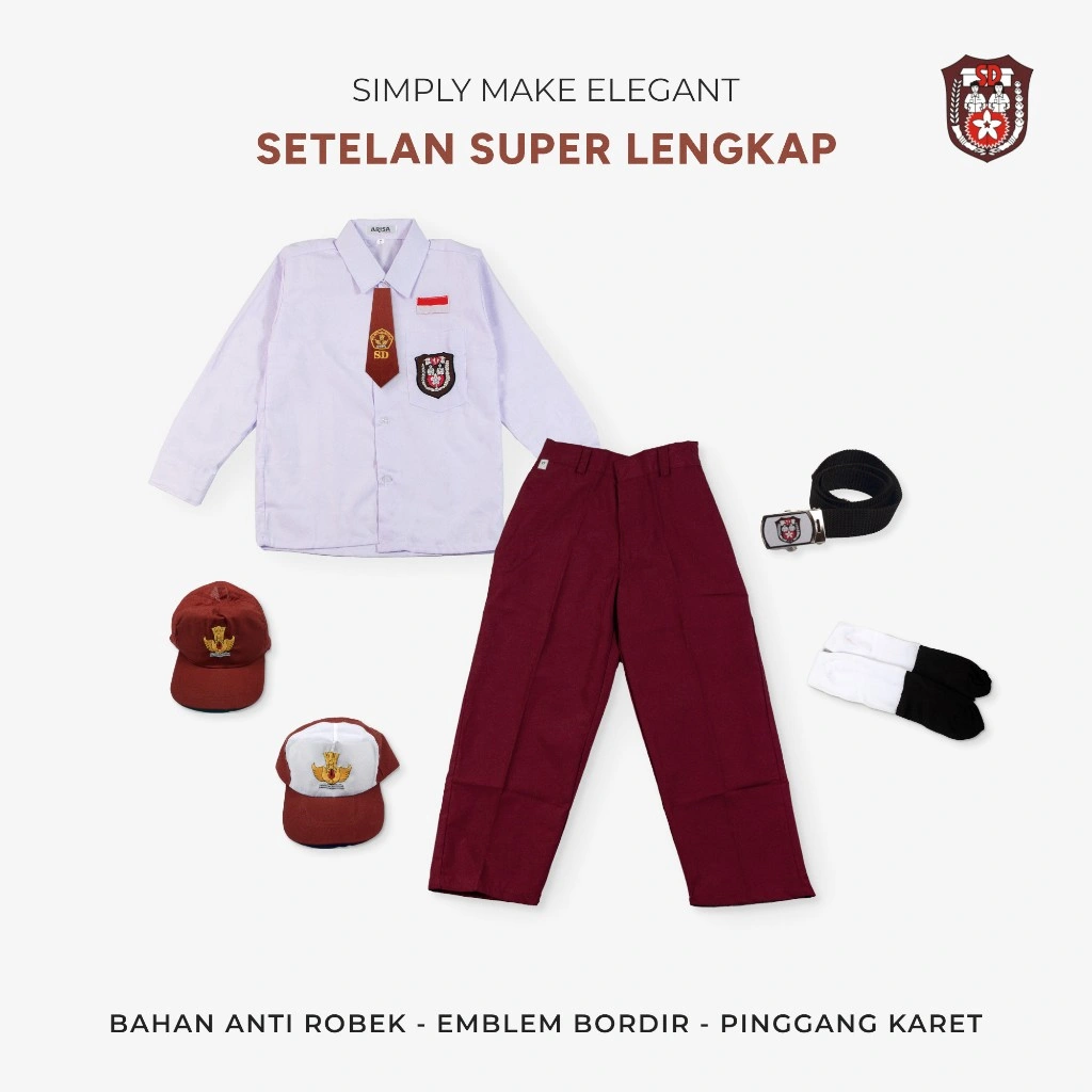 Paket Lengkap Seragam Sekolah SD Laki Laki Panjang Kemeja Oxford Celana Vimatex Bonus Topi Dasi Kaos Kaki Gesper Kelas 1-6 SD SME