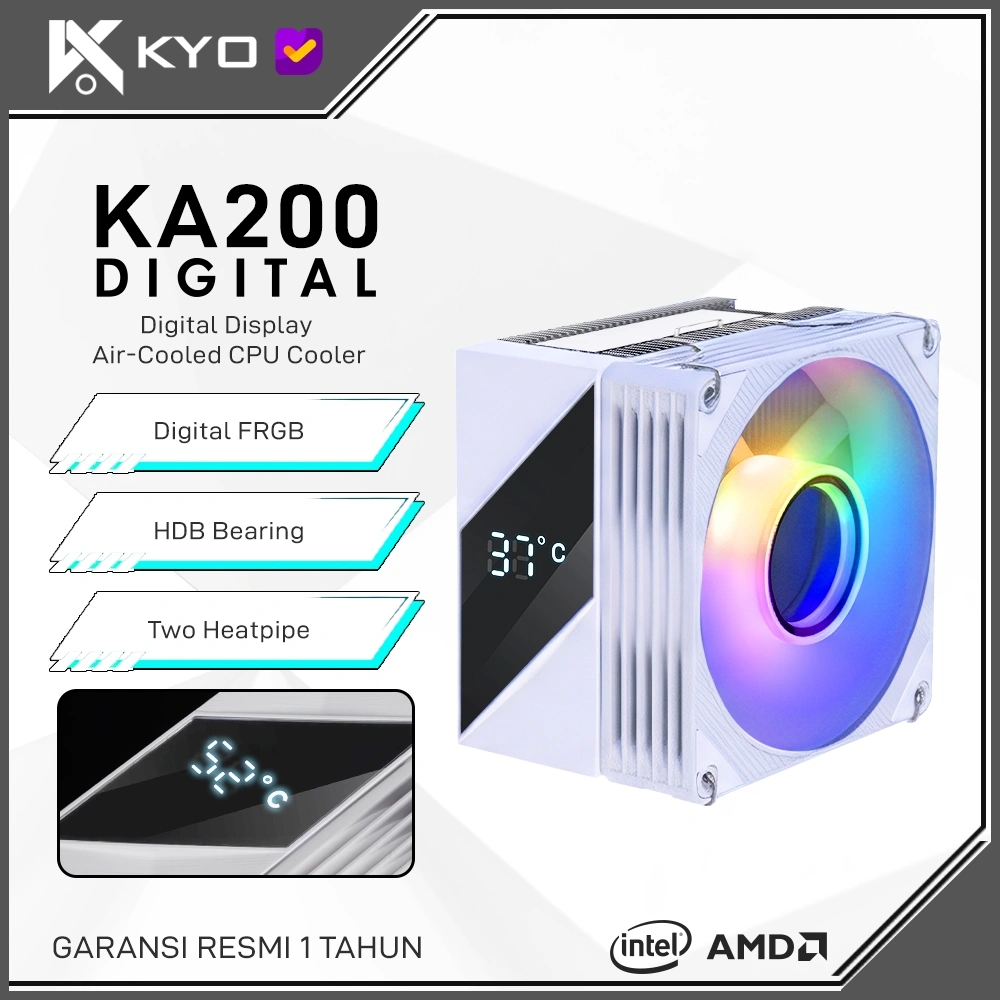 KYO KA200DG Digital FRGB CPU Air Cooler BLACK / WHITE Two Heatpipe Single tower With Smart DIGITAL Display