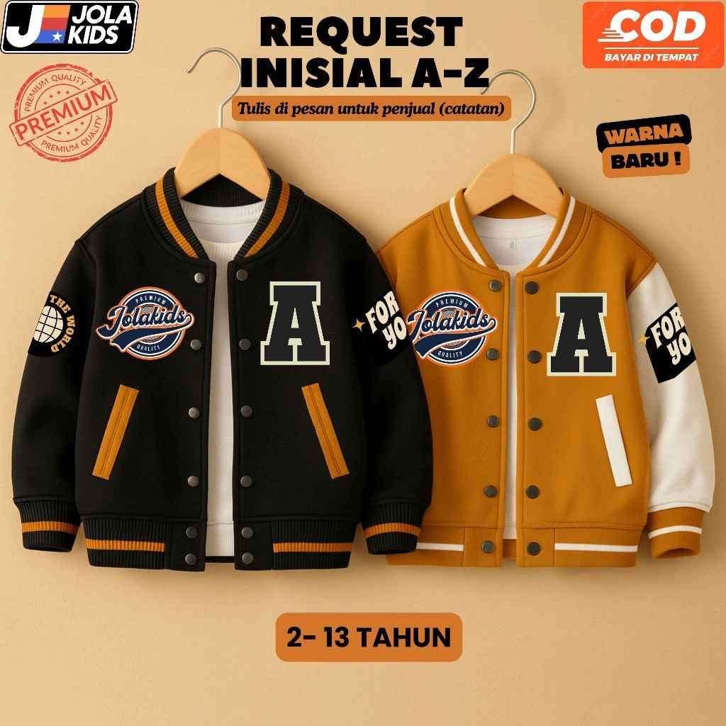 Jaket Varsity Baseball Anak Laki Laki & Perempuan Request Inisial Nama A-Z Umur 1-12 Tahun JOLAKIDS