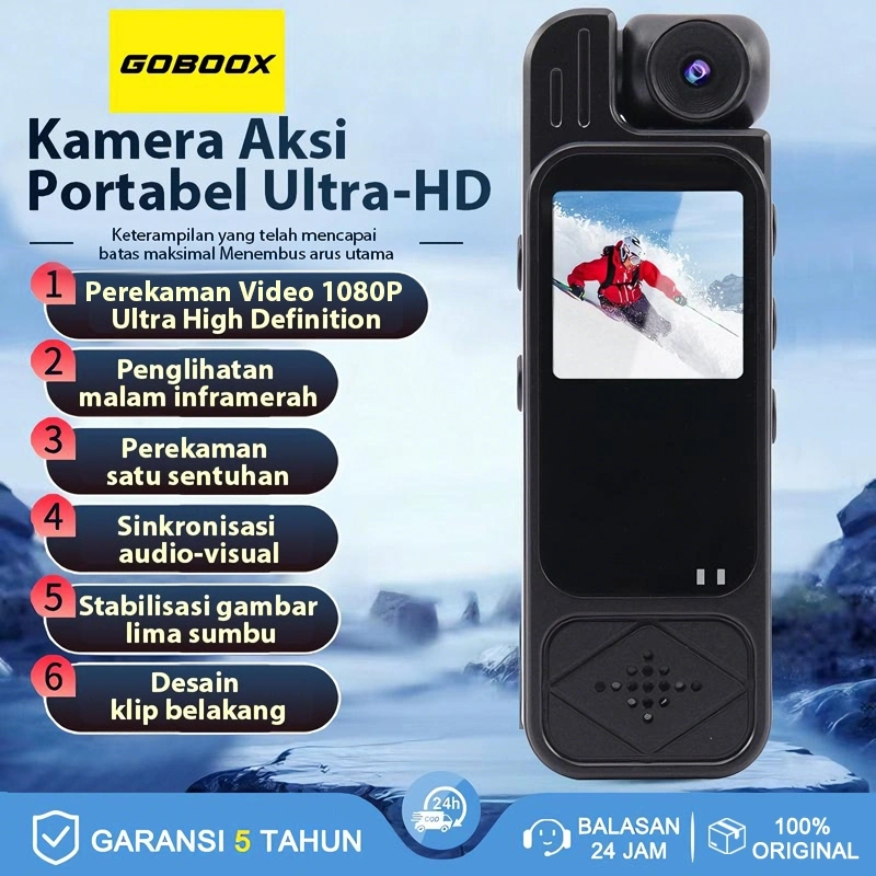GOBOOX Action Cam HD 1080P Dudukan Dada Rotasi 180° Action Kamera Mini Vlog Camera Sudut Lebar 160° Deteksi Gerak Rekaman Siklus Visi Malam Inframerah Kamera Action Rekam Video Ambil Foto Rekam Suara