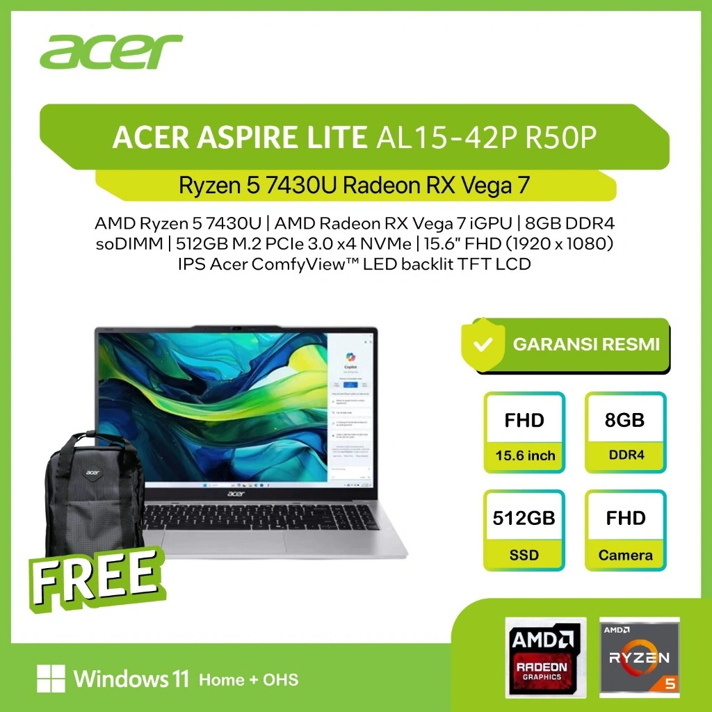 ACER ASPIRE LITE AL15 RYZEN 5 7430U 8GB 512GB W11+OHS+M365B 15.0FHD IPS 1Y SLV -42P.R50P