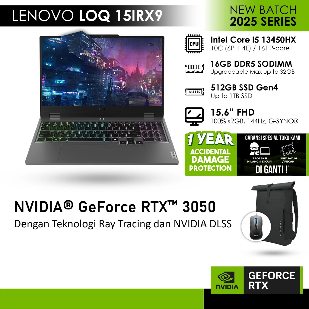 LENOVO LOQ 15IRX9 GeForce RTX™ 3050 6GB - i5 13450HX 16GB 512GB WINDOWS 11+OFFICE2024+M365 BASIC