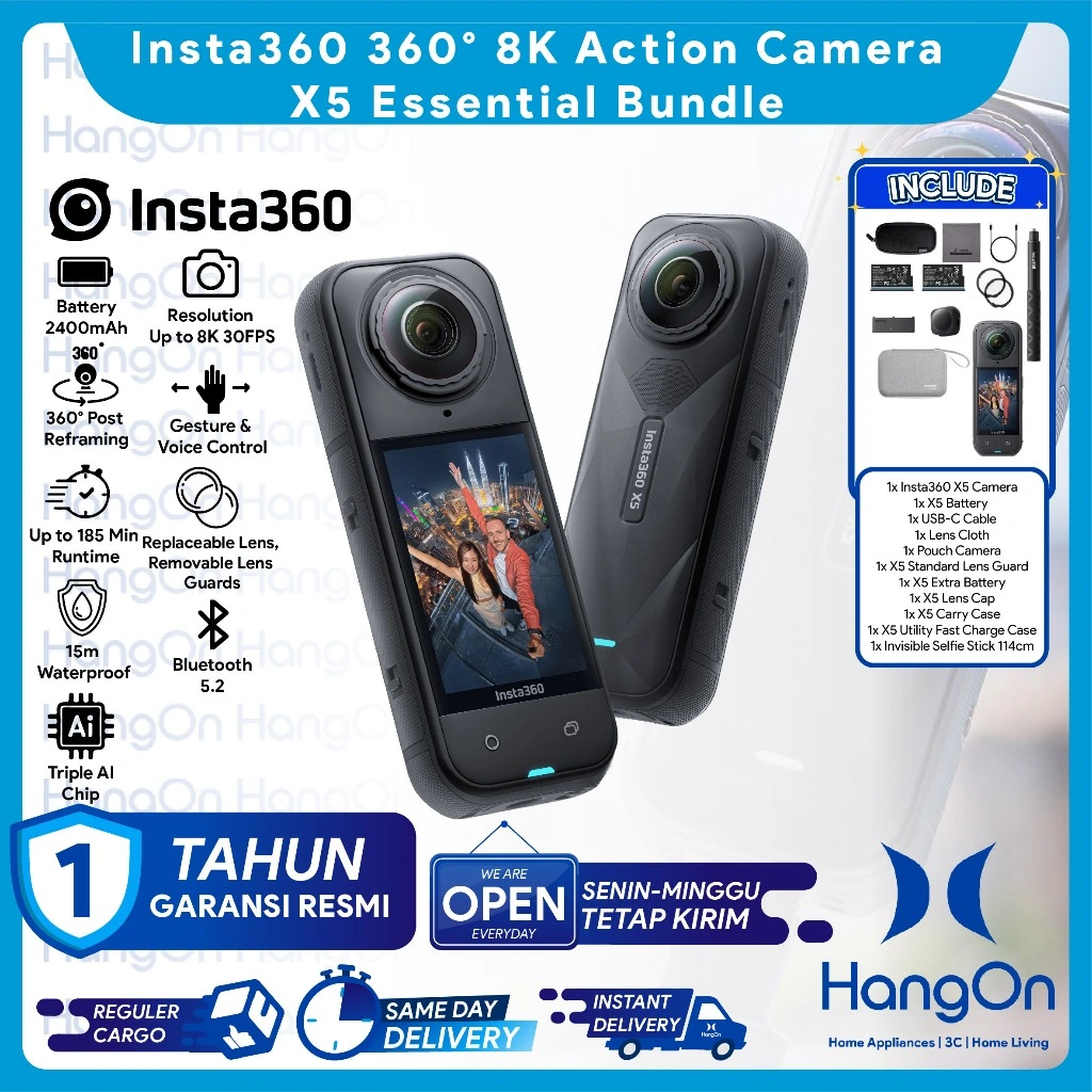 Insta360 X5 Action Camera 360° 8K HDR Waterproof Fast Charging Horizon Lock Paket Bundling Bundle Essential / Motorcycle / Cycling / With Selfie Stick / Standard / BMW Motorrad Edition Cam Kamera Aksi 360 Degree AI Triple Chip Design 15m Water Proof