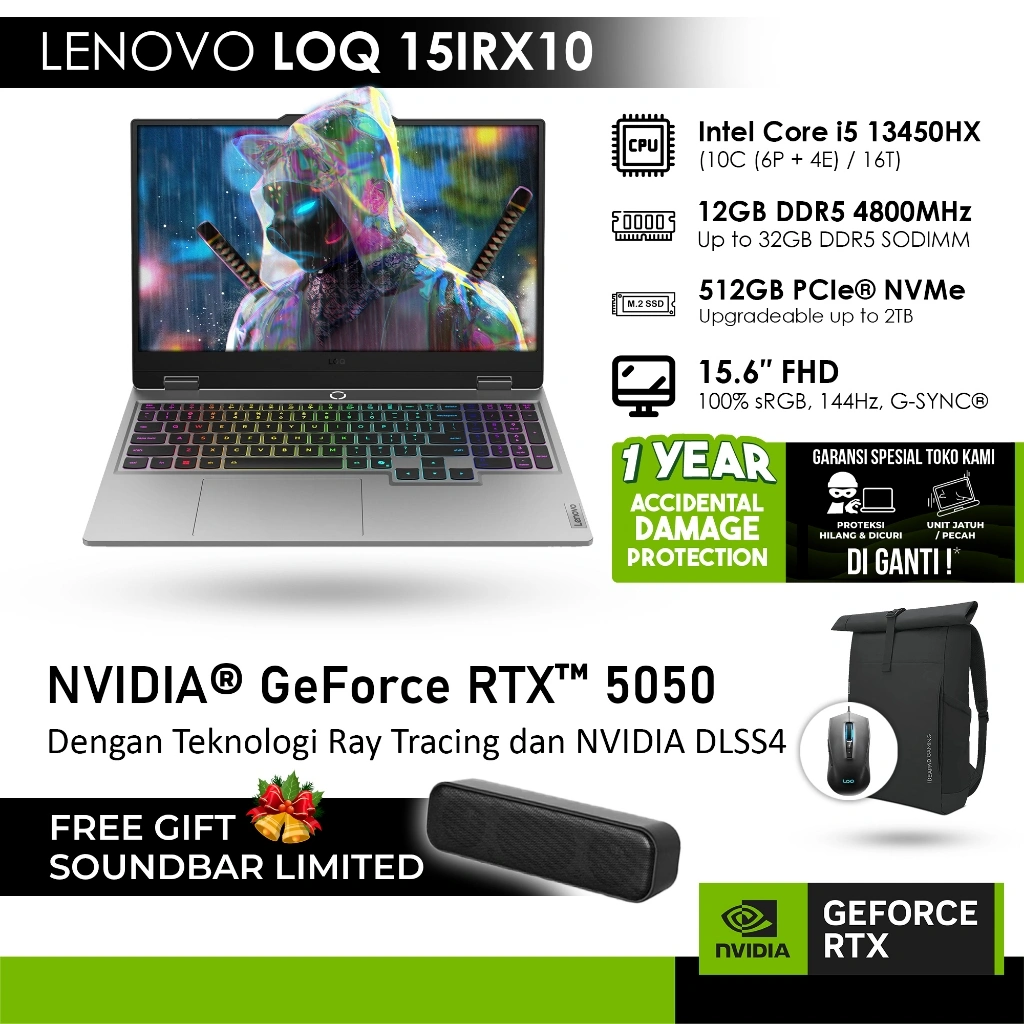 [FREE SOUNDBAR] LENOVO LOQ 15IRX10 GeForce RTX™ 5050 8GB - i5 13450HX 12GB 512GB WINDOWS 11 +MICROSOFT® 365 BASIC - 52ID