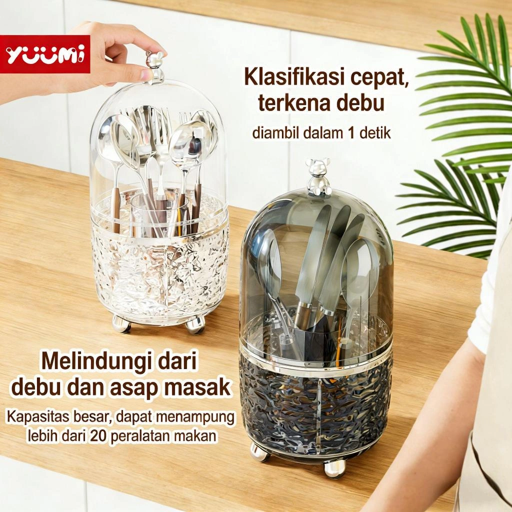 YUUMI Tempat Sendok Garpu Berputar  - Organizer Multifungsi untuk Kuas Makeup, Kosmetik, Alat Tulis, & Perlengkapan Dapur