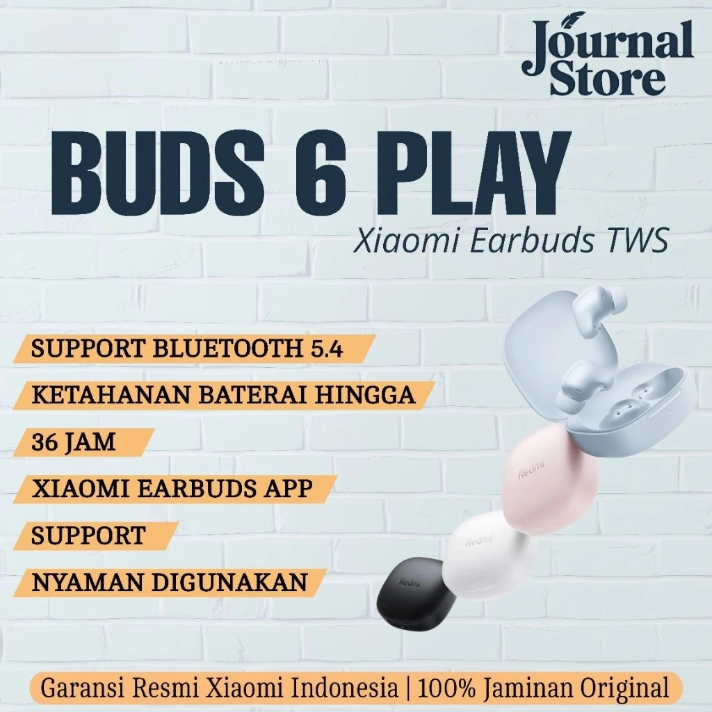 Xiaomi Redmi Buds 6 Play | Bluetooth 5.4 | Baterai Hingga 36 Jam | Xiaomi Earbuds App Support | Nyaman Digunakan GARANSI RESMI