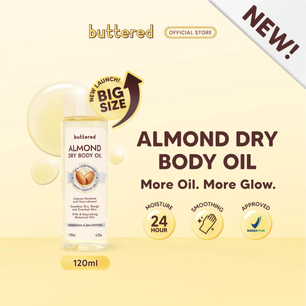 [Pre-Order] [Upsize 120ml] Buttered Almond Dry Body Oil Upsize 120ml  Dry Body Oil Premium dengan 60% Sweet Almond Press Melembapkan Menghaluskan