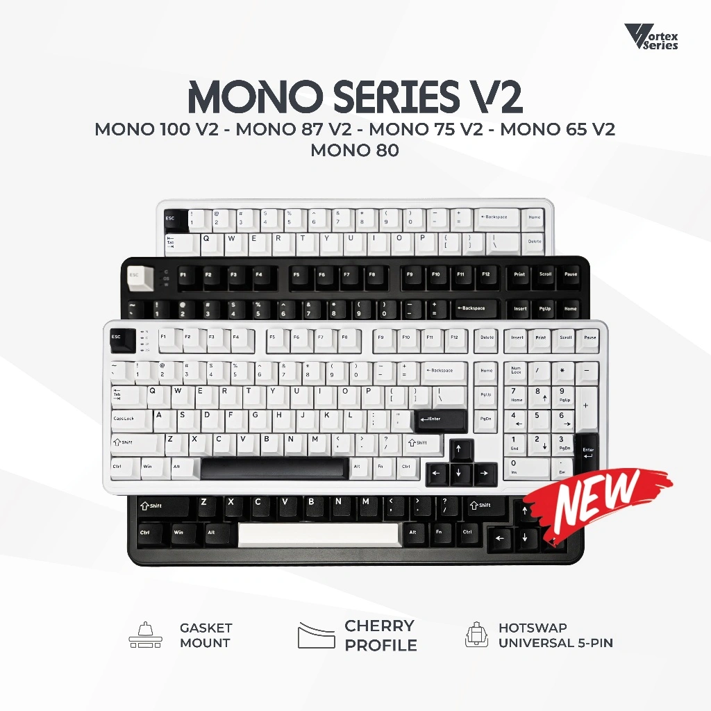 VortexSeries MONO SERIES V2 Wired Gasket Mount Mechanical Keyboard 65 75 80 87 / TKL 100 Layout | Hotswappable Universal 3 - 5 Pin