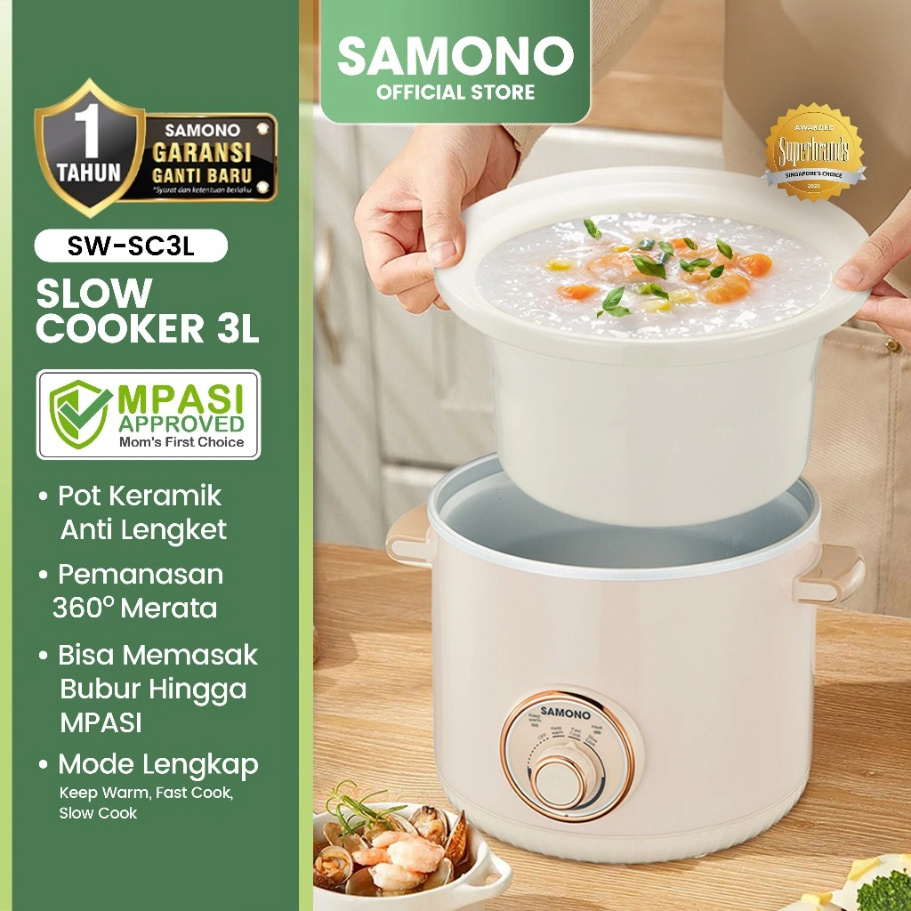 SAMONO Slow Cooker 3L Pot Keramik panci mpasi bayi mpasi cooker slow cooker mpasi Baby & Family Food Maker baby safe slow cooker SC3L