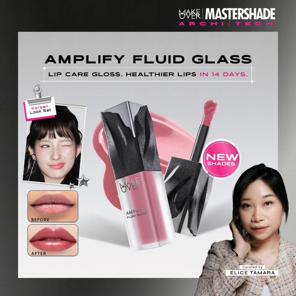 [SPECIAL MASTERSHADE] NEW! MAKE OVER Amplify Fluid Glass Lip Gloss - Peptide Plump Technology Hydrating Glossy Shine Non Sticky Buildable Color Lip Balm Comfort Moisturizing Plump Lips