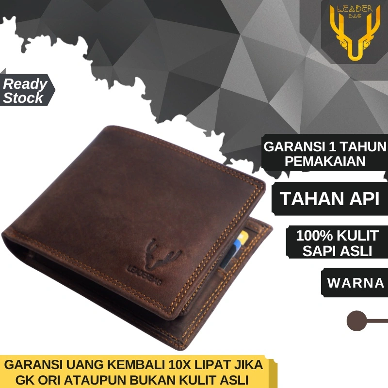 leaderbag Dompet Pria Kulit Sapi Asli Warna Coklat Khaki Terbaru Dompet Lipat Cowok Keren Branded Original Bahan Crazy Hourse Leather NEPTUNE E03