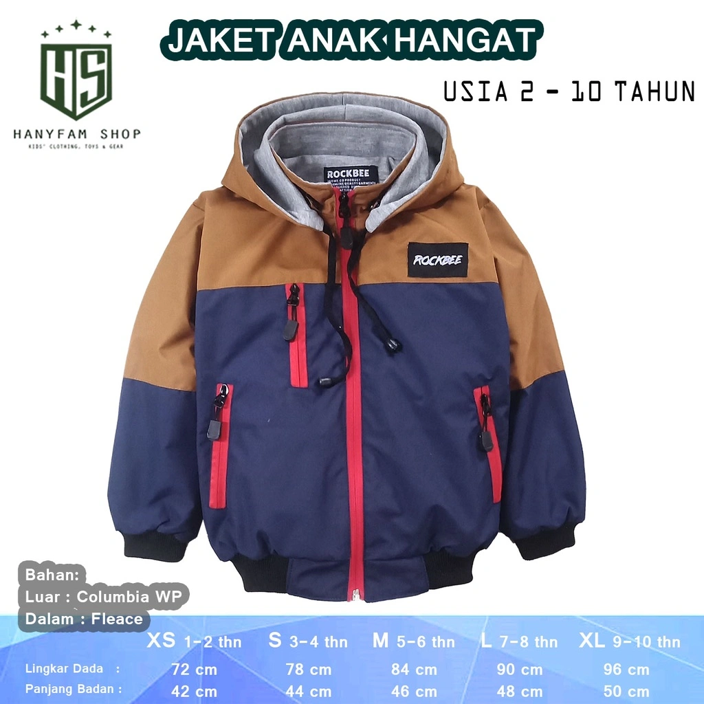 Rock Bee Jaket Anak Parasut Tebal Warna Keren Bahan Waterproof Hangat Tahan Angin Umur 2 - 10 Tahun