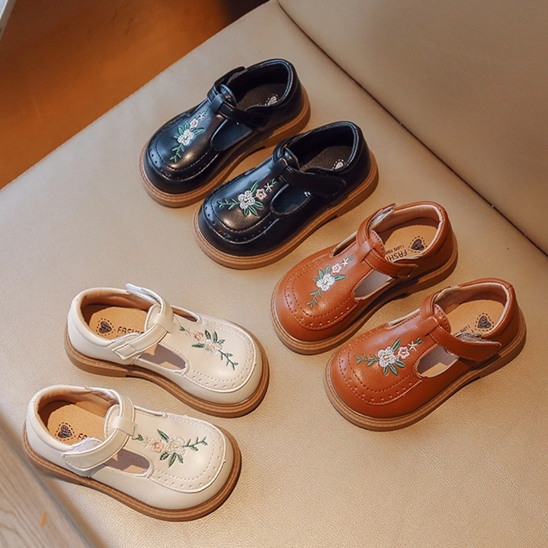 Vintage Lovely Bayi Perempuan Sepatu Flat Kulit Bordir Bunga Anti Licin Sol Lembut Sepatu Anak 2-16 Tahun