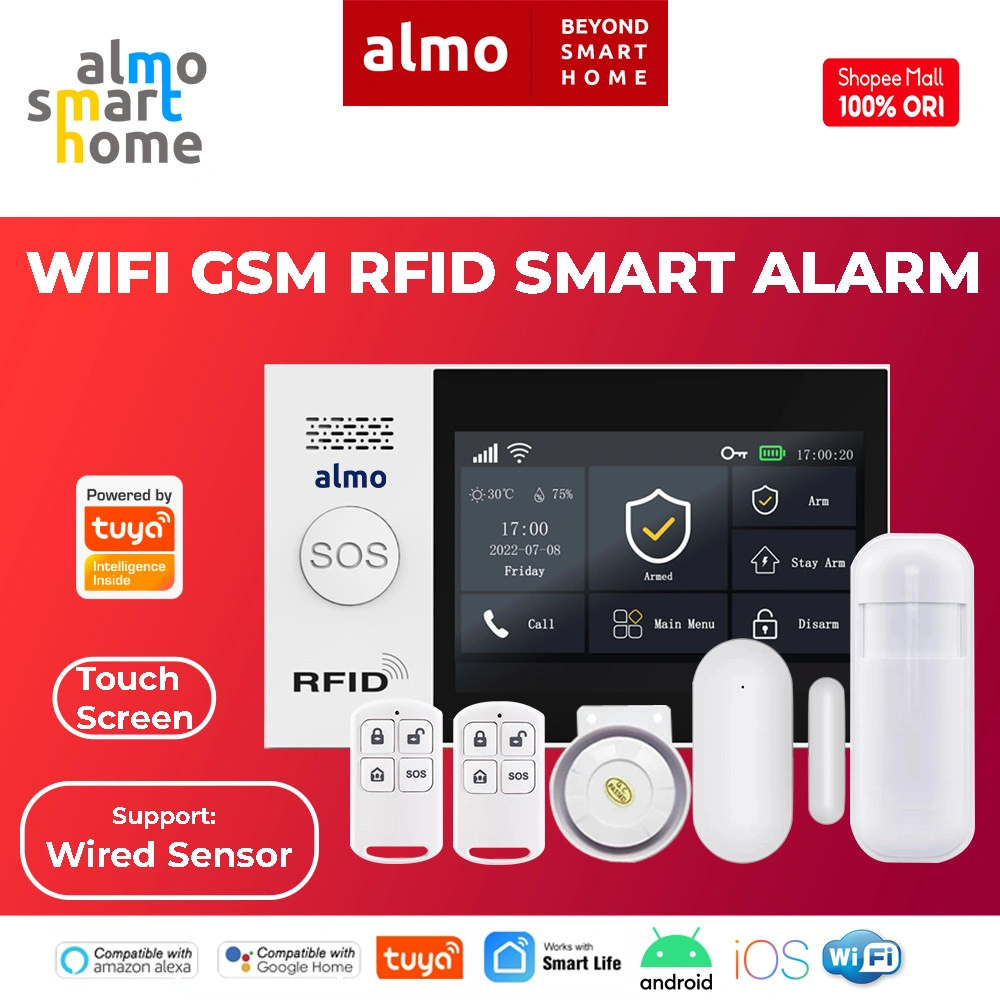 ALMO Tuya Wifi GSM RFID Touch Screen Alarm Support Wireless dan Wired/Kabel Sensor Smart Alarm