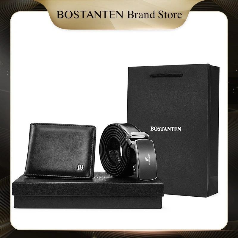 BOSTANTEN Set Kombinasi Dompet PU Dan Sabuk Kulit Sapi Pria 125cm Dapat Dilepas dan Dipotong Pendek