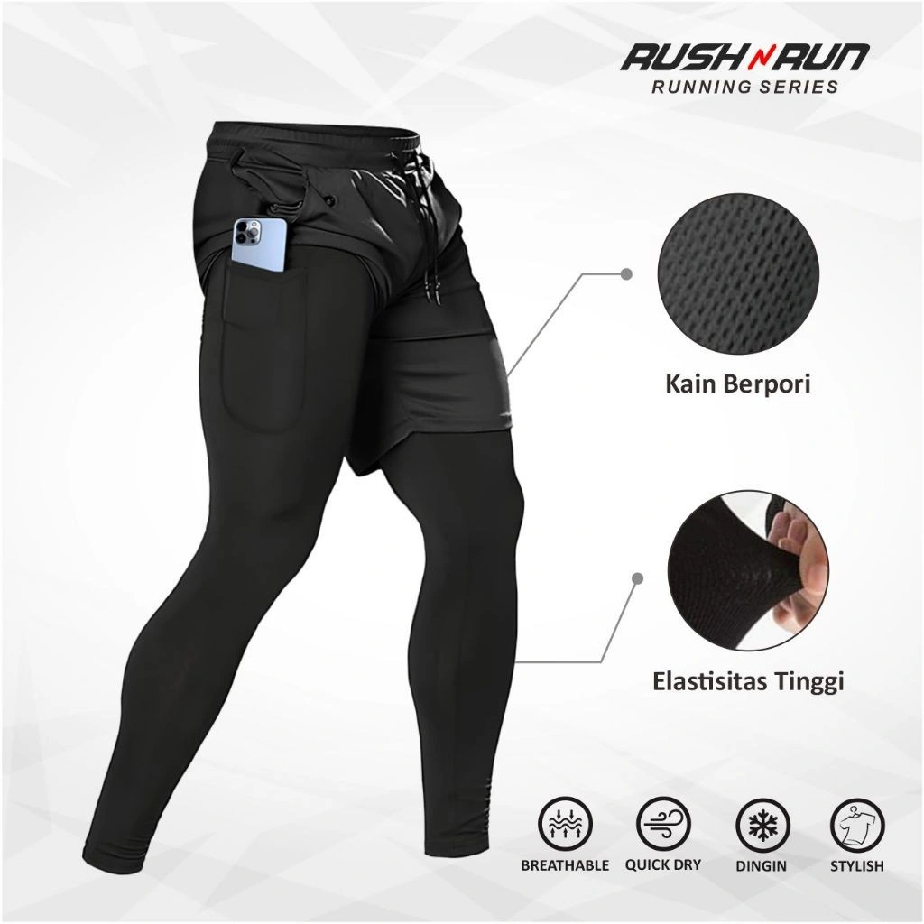 Rush n Run Celana Pendek Olahraga Pria 2 In 1 Clana Training Gym Lari Running Compression Sport