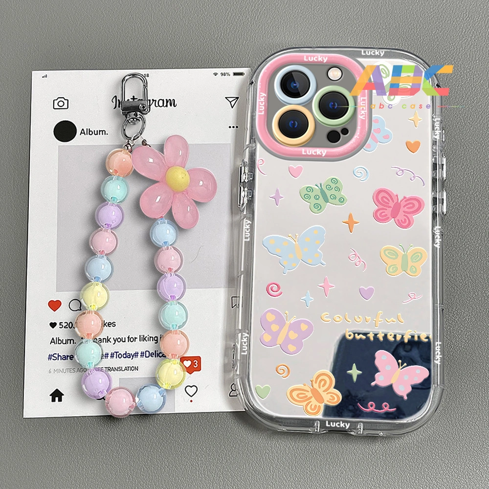 Case untuk iPhone15 pro max plus 12 13Pro 14 11 Plus 6 7 8 6+ 7+ 8+ Xs Max Casing ponsel anti jatuh kupu-kupu kartun sederhana dengan gelang 09379