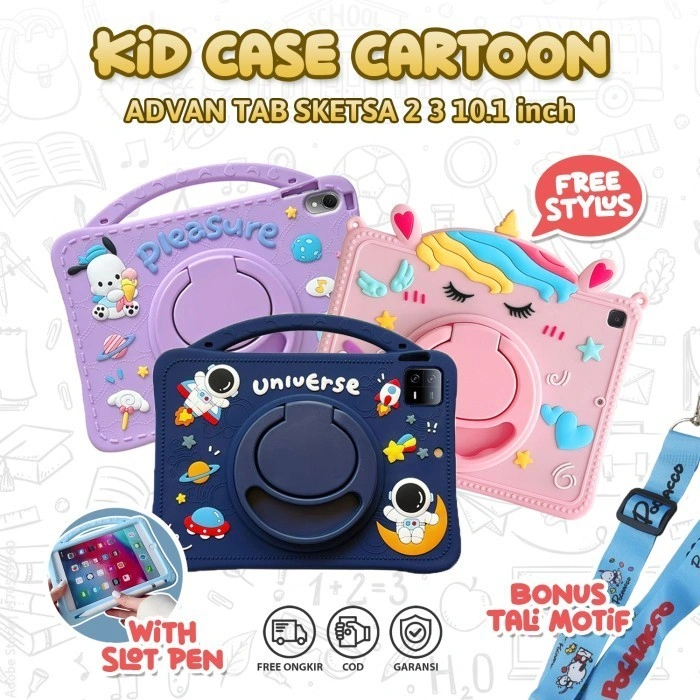 Casing Universal Advan Tab Sketsa 3 2 10.1" 2023 Case Bonus Lanyard Tali Panjang Stylus Pen Softcase Anak Unicorn Stand Standing Vertikal Horizontal Cover Silicone Kesing Sarung Tablet Silikon Pelindung Lucu Karakter Motif Rotate 360 Cute Kids Kid