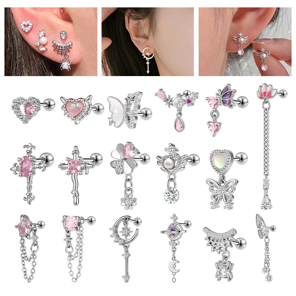 1PC 20G Stainless Steel Earring Silver Crystal Ear Piercing Heart-Shape Butterfly-Pattern Dangle Drop Earring Helix Conch Ear Stud