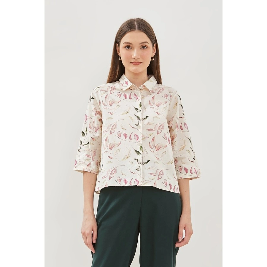Minimal Mayas Blouse Wanita - Motif Bunga - Warna Light Beige