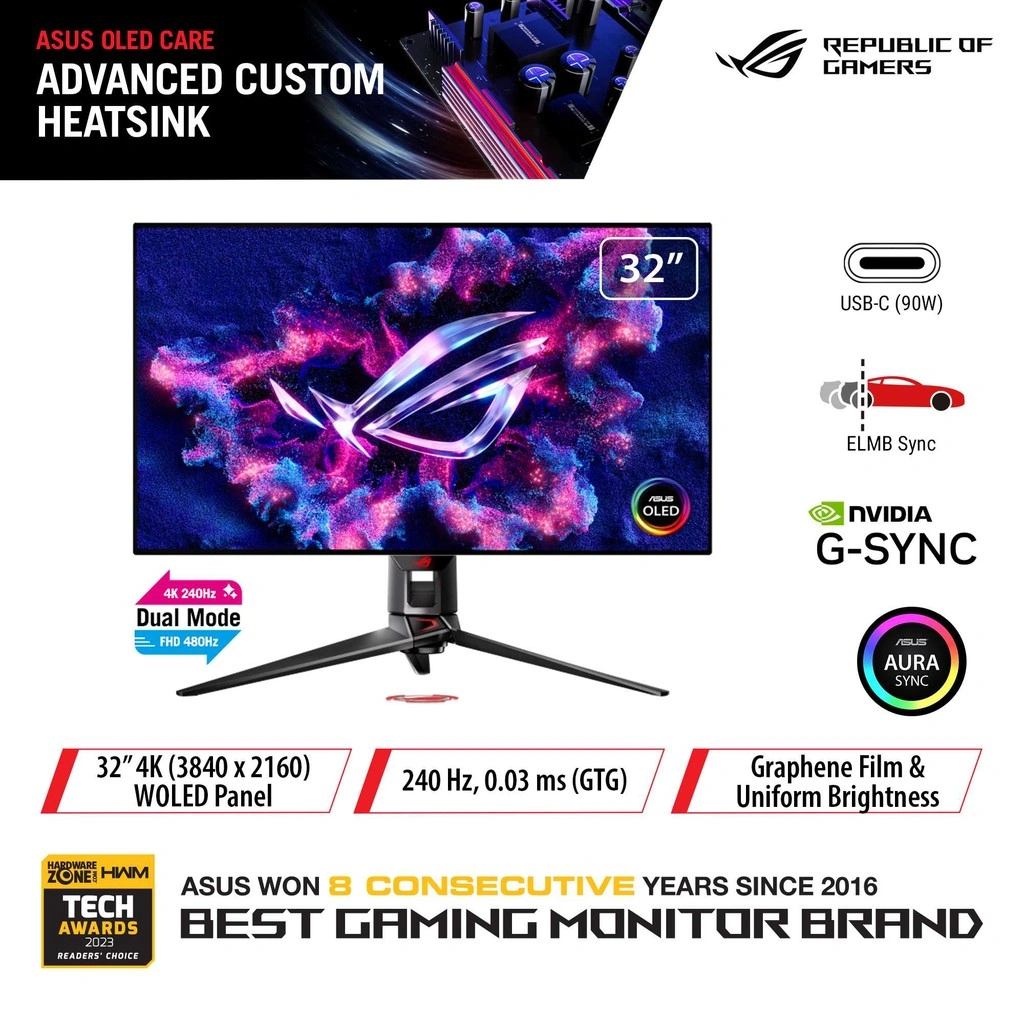 ASUS ROG Swift OLED PG32UCDP Gaming Monitor 31.5" WOLED (4K 240Hz or FHD 480Hz) 0.03 ms