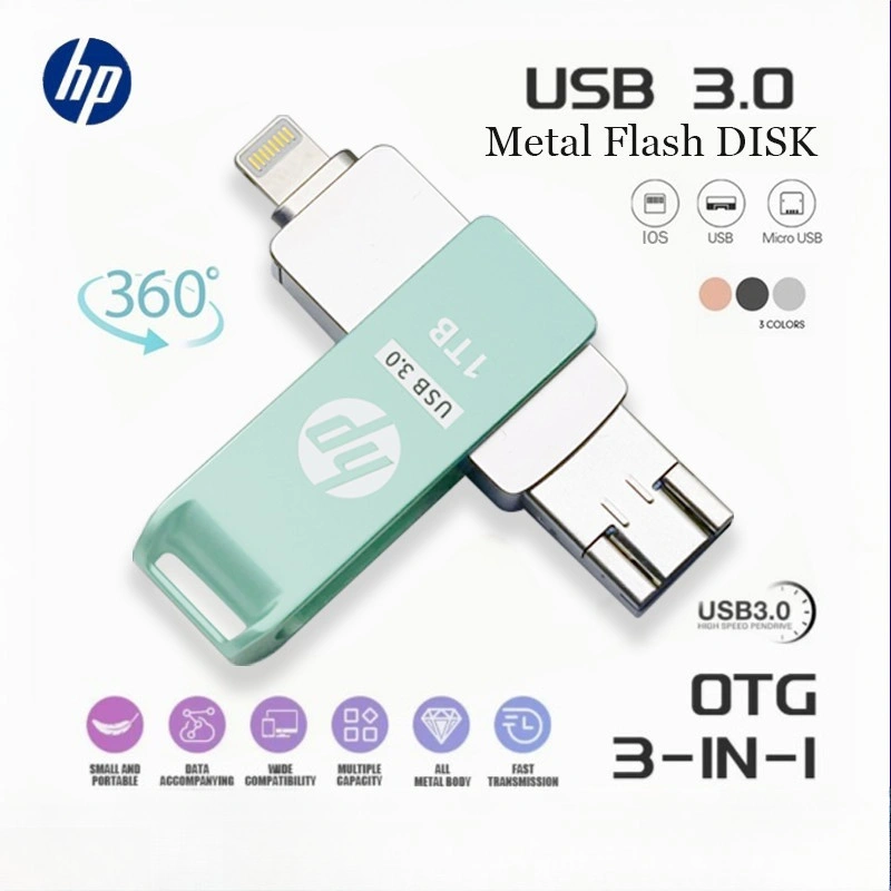 FlashDisk HP USB3.0 Stik Memori Tiga-Dalam-Satu Flash Drive logam 1TB 2TB iPhone Compatible with iPhone/Android/Computer (lightning/micro/usb)