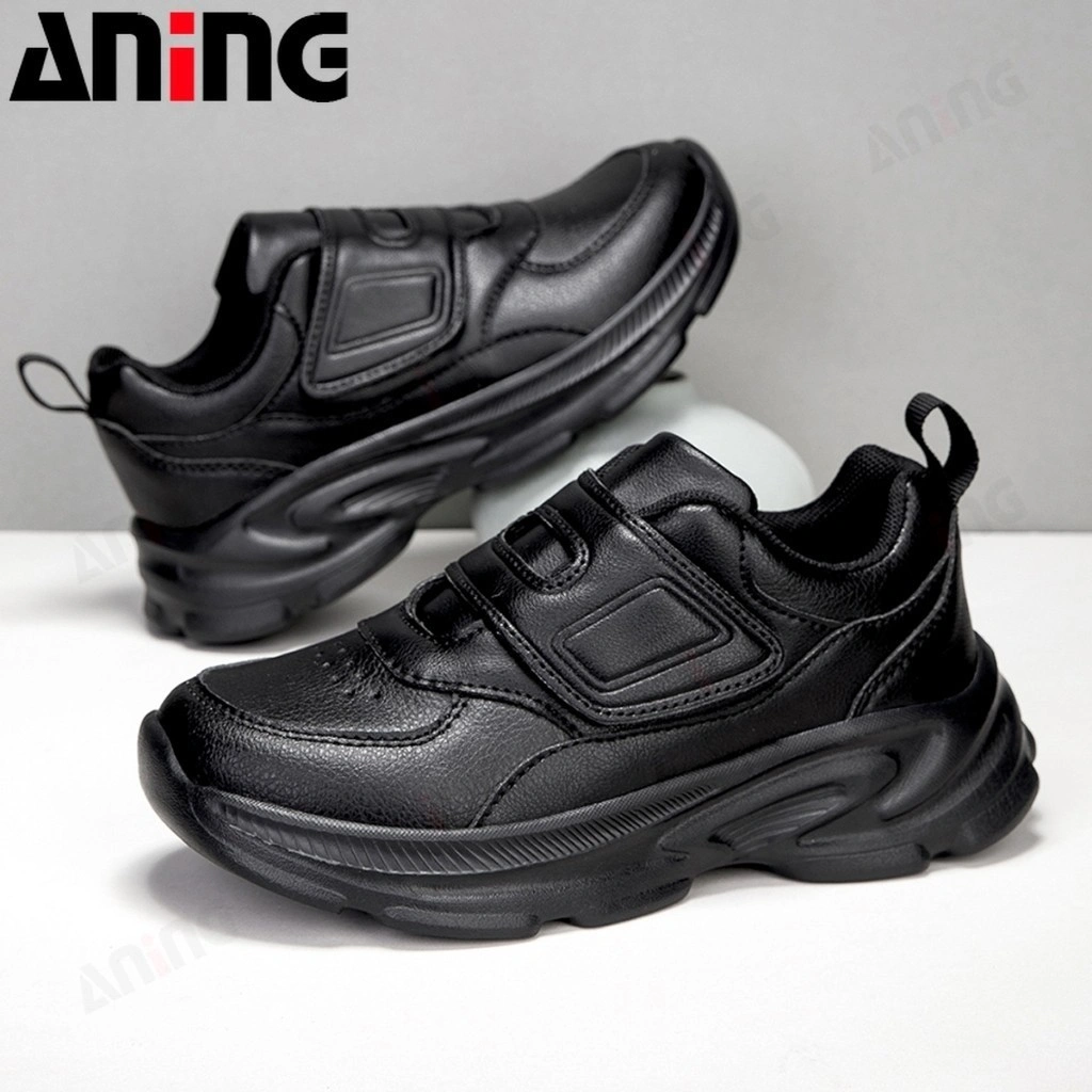 ANINGBOY-Sepatu kulit anak SD warna hitam untuk anak laki-laki dan perempuan dengan sol lembut, nyaman dan anti selip