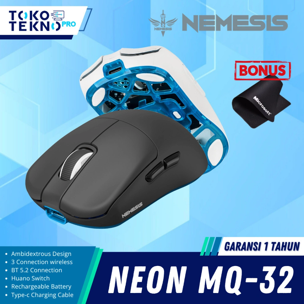 NYK Nemesis Neon MQ32 / MQ-32 Gaming Mouse Lightweight PAW3311 Wireless 2.4Ghz Tri-mode Connection