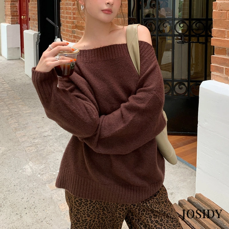 Gentle Off Shoulder Lantern Sleeve Knitwear Waist Retraction Sweater Women Temperament Knitwear JD