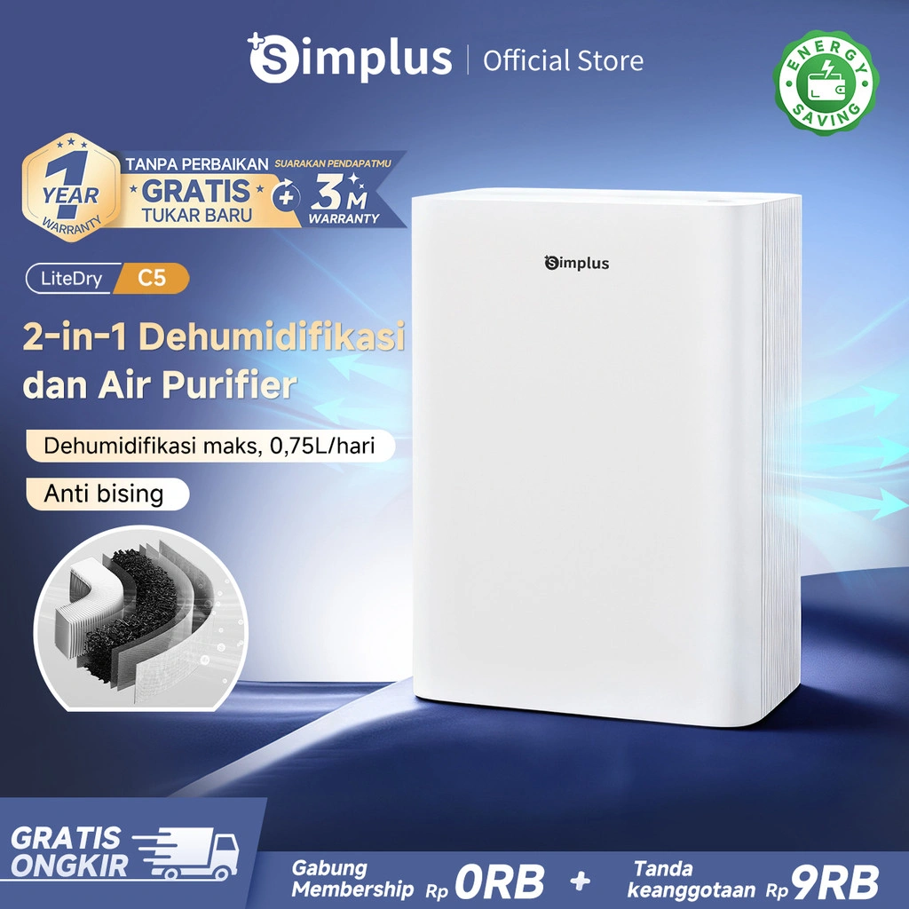 Simplus 2 IN 1 Dehumidifier dan Pembersih Udara 750ml/hari 1,5L Filter Hepa H11 Kualitas Tinggi