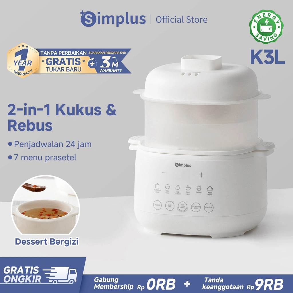 Simplus Slow Cooker Listrik 1L Panci Rebus dan Kukus dengan Menu Preset Cerdas untuk MPASI Bubur Bayi