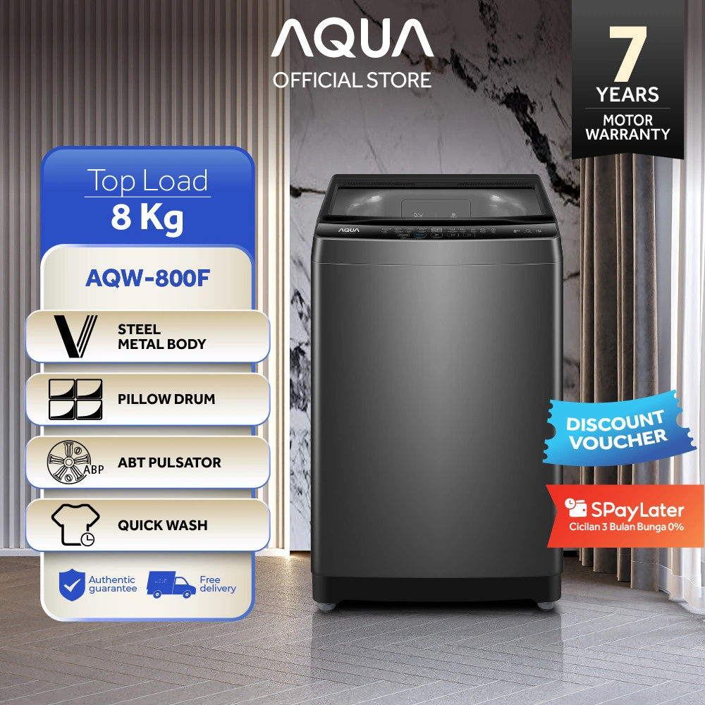 AQUA Elektronik AQW-800F Mesin Cuci Top Loading 8 Kg - V Steel Metal Body - Pillow Drum - ABT Pulsator - Quick Wash - Air Dry