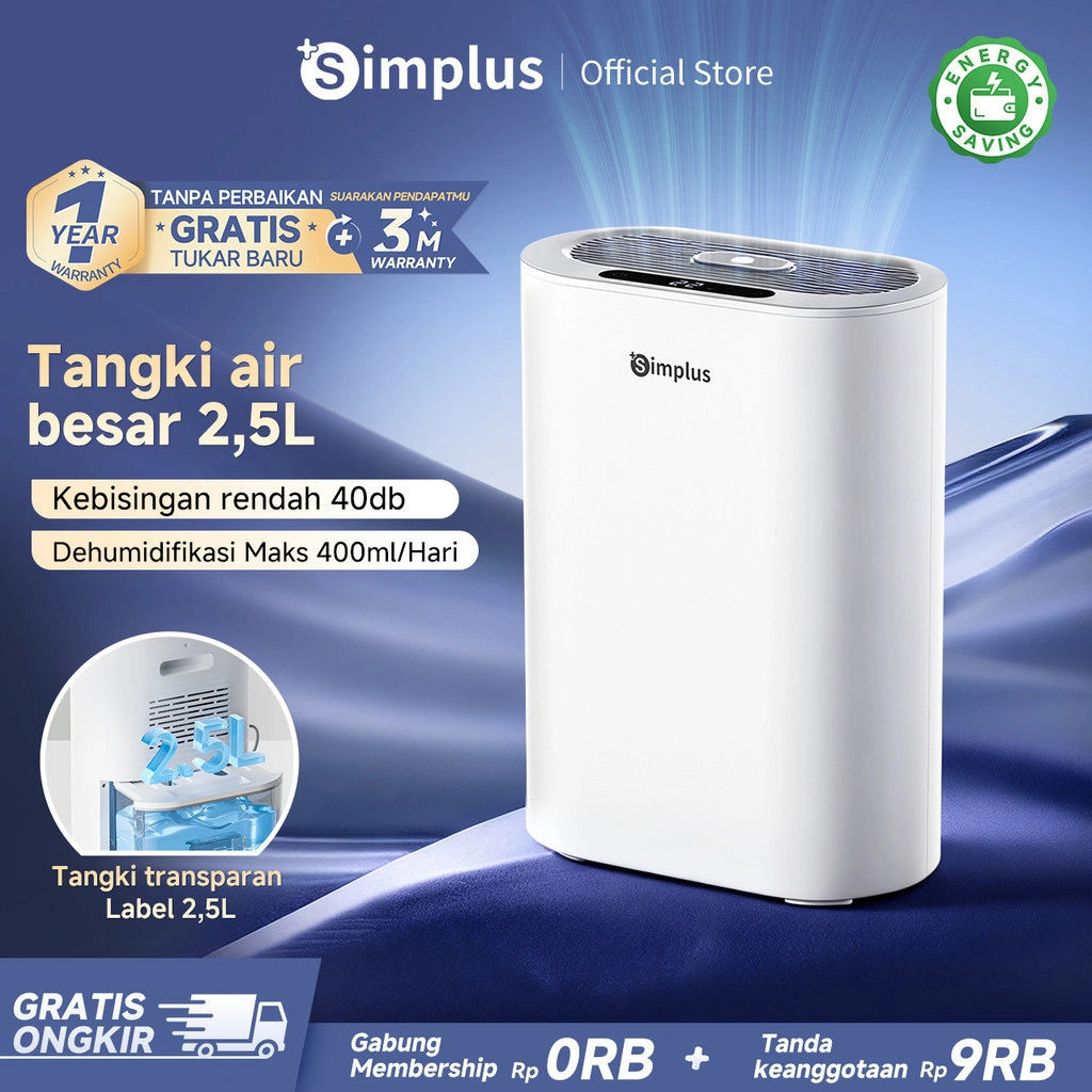 Simplus Dehumidifier Kapasitas 2,5L 400mL/Hari Anti Bising 40dB Untuk Kamar Lemari Kamar Mandi