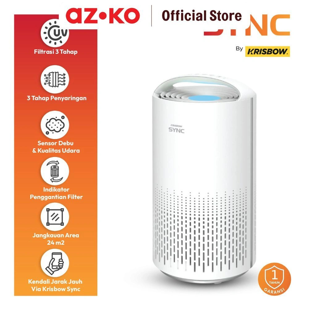 AZKO Krisbow Sync 24 M2 Smart Air Purifier Cadr 200 M3/Jam - Putih Penyaring Udara Pembersih Ruangan Kamar Tidur Air Cleaner Hepa Filter